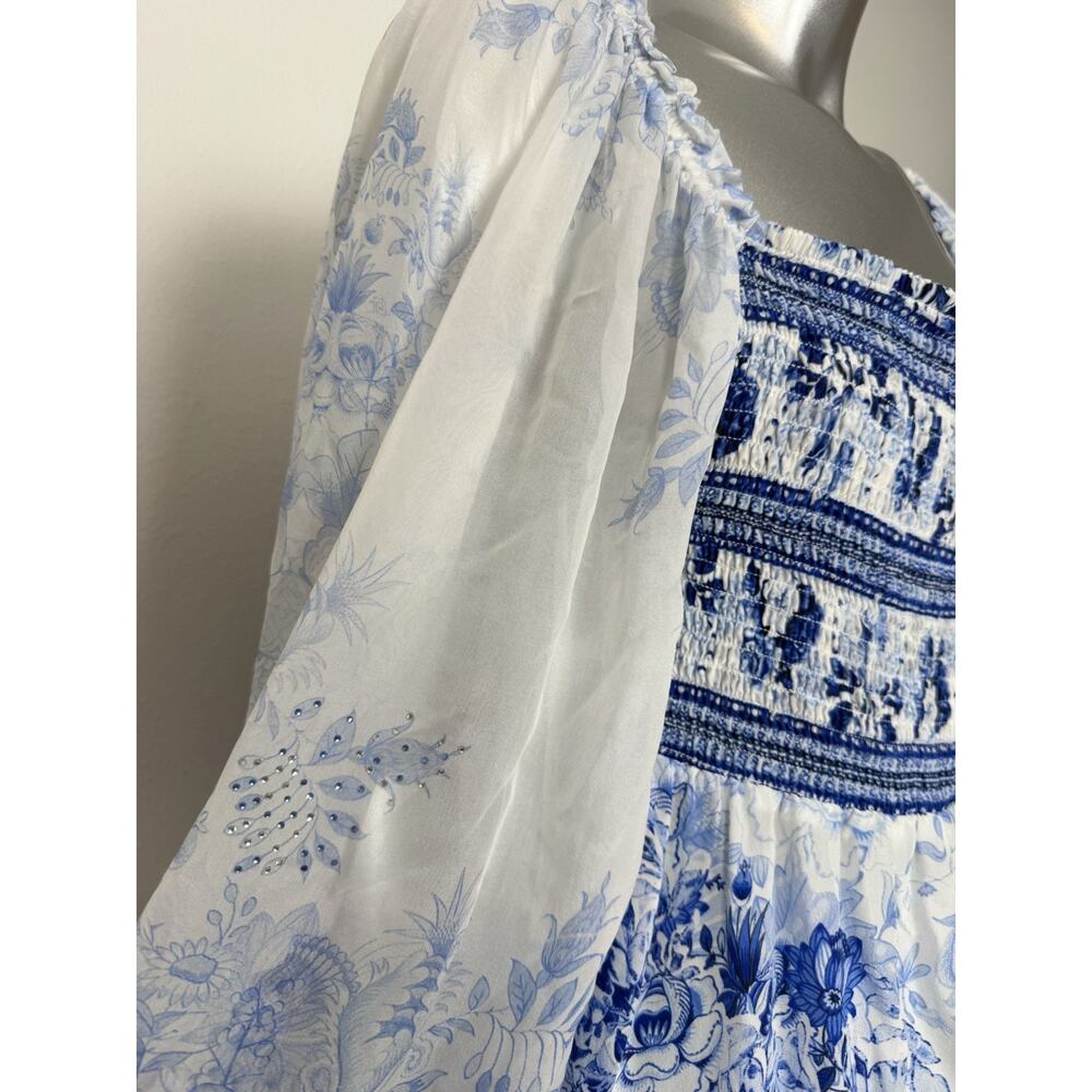 Camilla Silk Blouse Puff Sleeve Blue Floral Women’s Medium - Picture 7 of 10